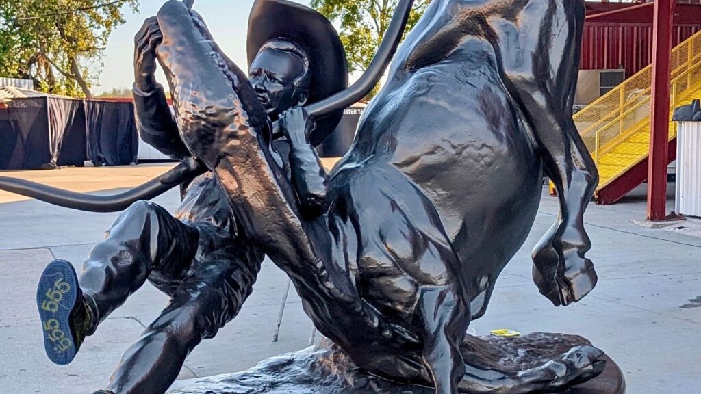 Steer-wrestling sculpture by Smash Design to commemorate the brand collaboration between Sp5der x Adidas at the Sweet Tooth Rodeo in Houston