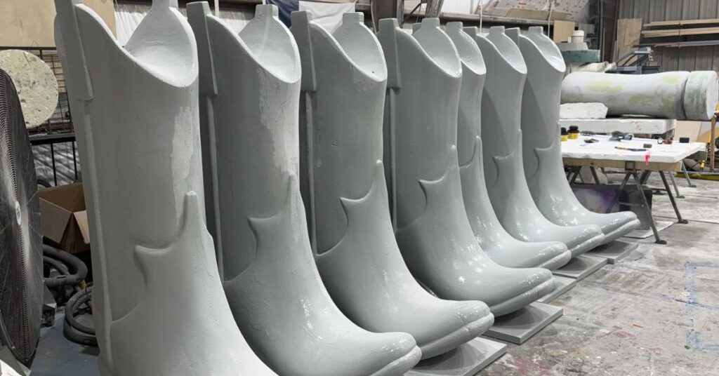 Foam sculptures of giant cowboy boots by Smash Design