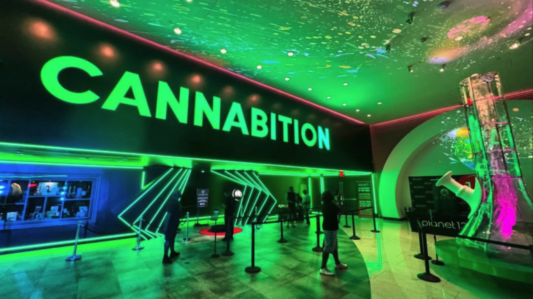 The LED-lit entrance of Cannabition Las Vegas, fabricated by Smash Design