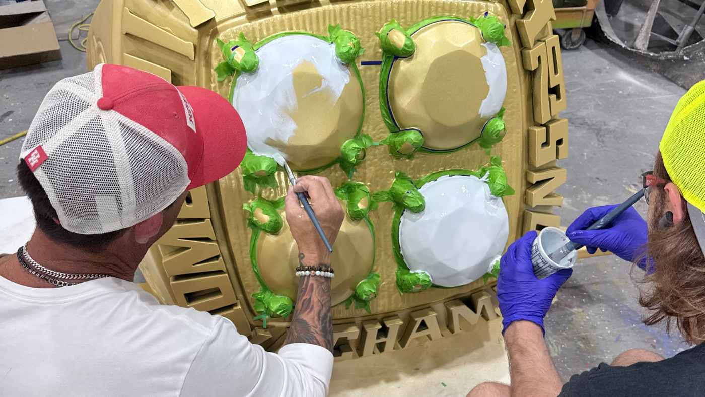 Finishing a foam sculpture of a Steelers Super Bowl ring