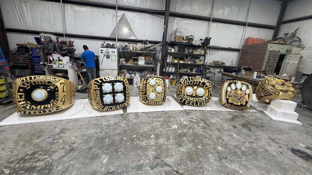 Super Bowl rings sculpted by Smash Design out of high-density foam
