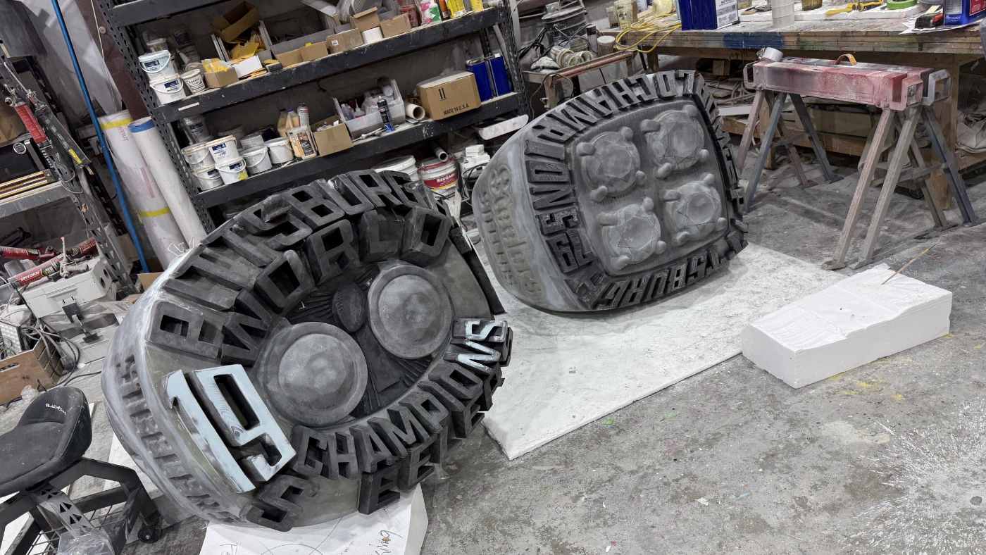 Giant Super Bowl rings sculpted at Smash Design studios