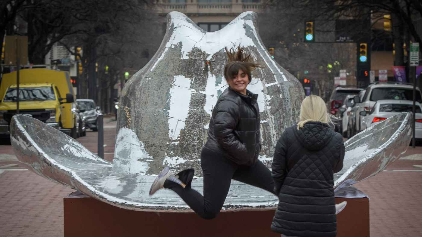 Disco cowboy hat with fans in Sundance Square
